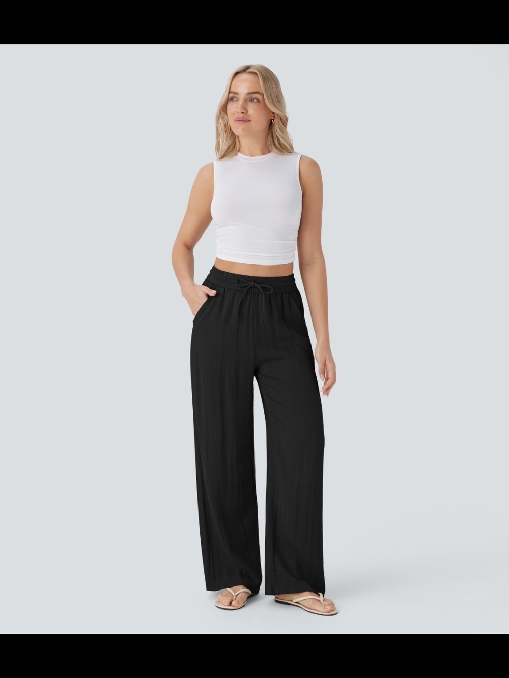 Halara High Waisted Drawstring Pocket Wide Leg Baggy Casual Linen-Feel Pants NWT